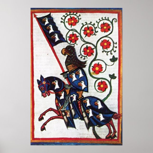Póster CABALLERO AZUL A CABALLO Miniatura Medieval (Frente)