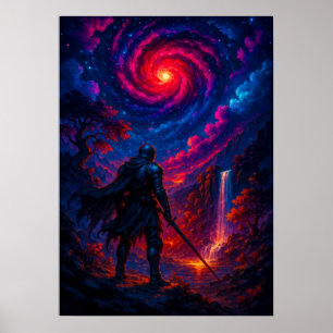 Póster Caballero cósmico con espada bajo la fantasía del 
