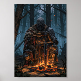 Póster Caballero de fantasía oscura descansando junto a u