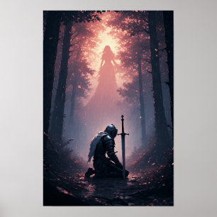 Póster Caballero Épico en un Bosque de Fantasía Oscura