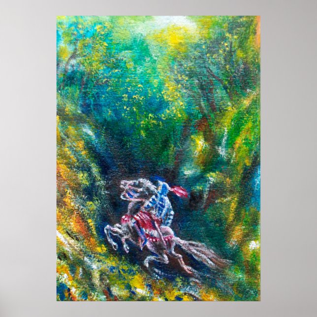 PÓSTER CABALLERO LANCELOT, A CABALLO EN BOSQUE VERDE (Frente)