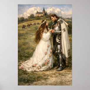 Póster Caballero medieval, castillo y princesa