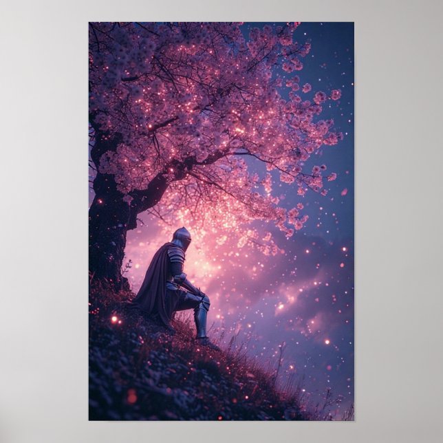Póster Caballero Soñador Bajo Flores de Cerezo (Frente)