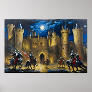 Póster Caballeros Que Guardan Un Castillo De Noche