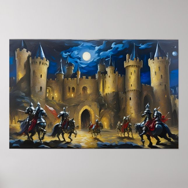 Póster Caballeros Que Guardan Un Castillo De Noche (Frente)