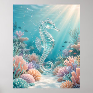 Póster Caballito de Mar de Vidrio Resplandor Oceánico