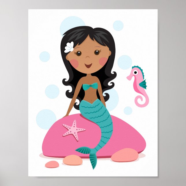 Póster caballito de mar del chica de sirenas afroamerican (Frente)