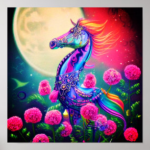Póster Caballito de mar floral de fantasía   