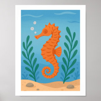 Póster Caballito de mar retro submarino náutico costero m