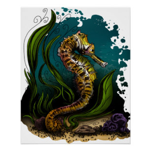 Póster Caballito de Mar Verde Azul Estética Oceánica Dise