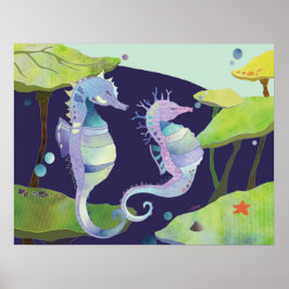 Póster Caballitos de Mar Azules y Morados Bajo el Mar