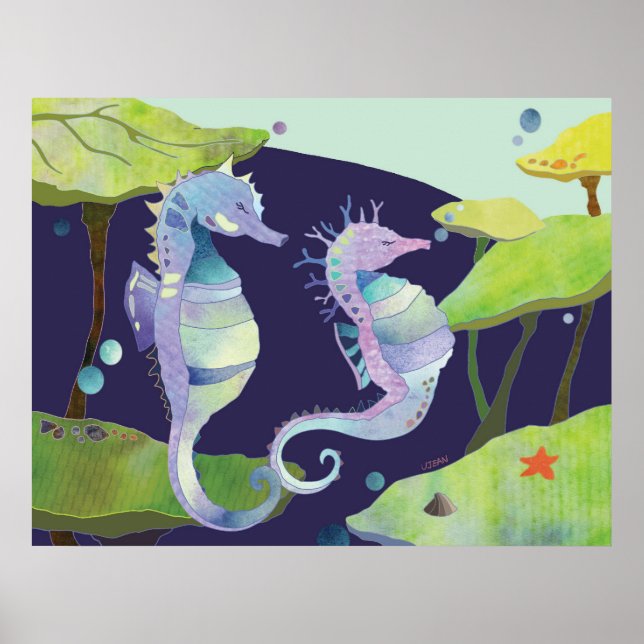Póster Caballitos de Mar Azules y Morados Bajo el Mar (Frente)