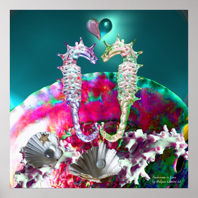 Póster CABALLITOS DE MAR ENAMORADOS, Nácar ROSA AZUL TEAL (Frente)