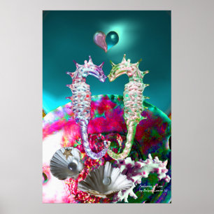 Póster CABALLITOS DE MAR ENAMORADOS, Nácar ROSA AZUL TEAL