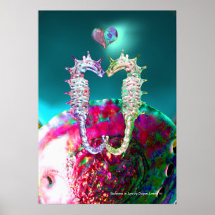 Póster CABALLITOS DE MAR ENAMORADOS, Nácar ROSA TEAL AZUL