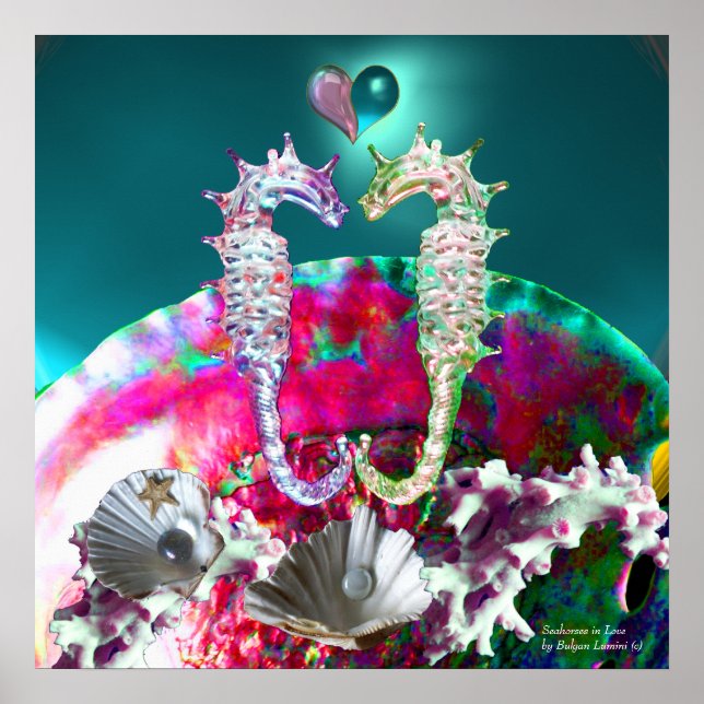 PÓSTER CABALLITOS DE MAR ENAMORADOS, PINK AZUL MARRÓN MAD (Frente)