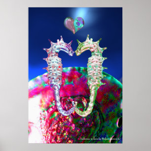 PÓSTER CABALLITOS DE MAR ENAMORADOS, ROSA AZUL MADRE PERL
