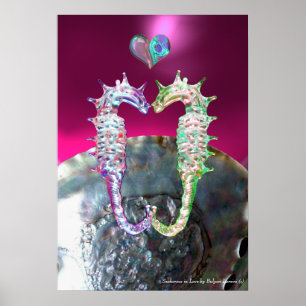 Póster CABALLITOS DE MAR ENAMORADOS ROSA FUCsia MADREPERL