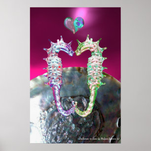 Póster CABALLITOS DE MAR ENAMORADOS ROSA FUCsia MADREPERL