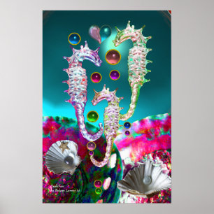 PÓSTER CABALLITOS DE MAR, ROSA TEAL AZUL MADRE PERLA