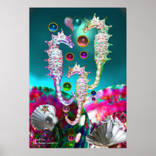 PÓSTER CABALLITOS DE MAR, ROSA TEAL AZUL MADRE PERLA
