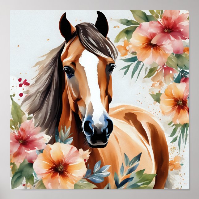 Póster Caballo acuático rodeado de flores (Frente)