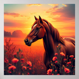 Póster Caballo agraciado de pie en una vibrante pradera a