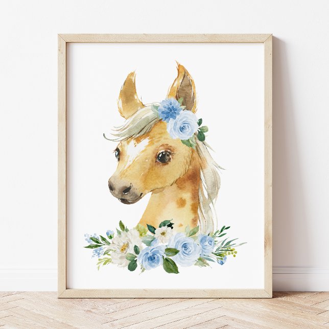 Póster Caballo, animales de granja, flores azules, guarde (Subido por el creador)
