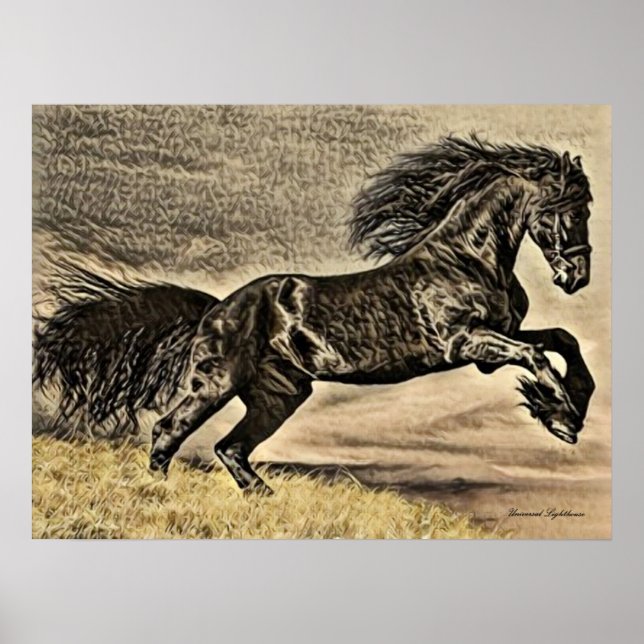 Póster Caballo antiguo de Stallion negro (Frente)