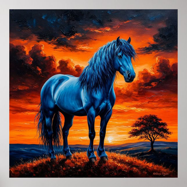 Póster Caballo azul en un vibrante paisaje atardecer (Frente)