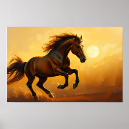 Póster Caballo Bayo Galopa, Cielo de Puesta de Sol, Melen