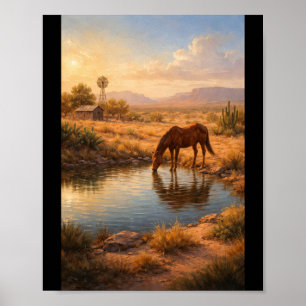 Póster Caballo bebiendo en un pequeño estanque