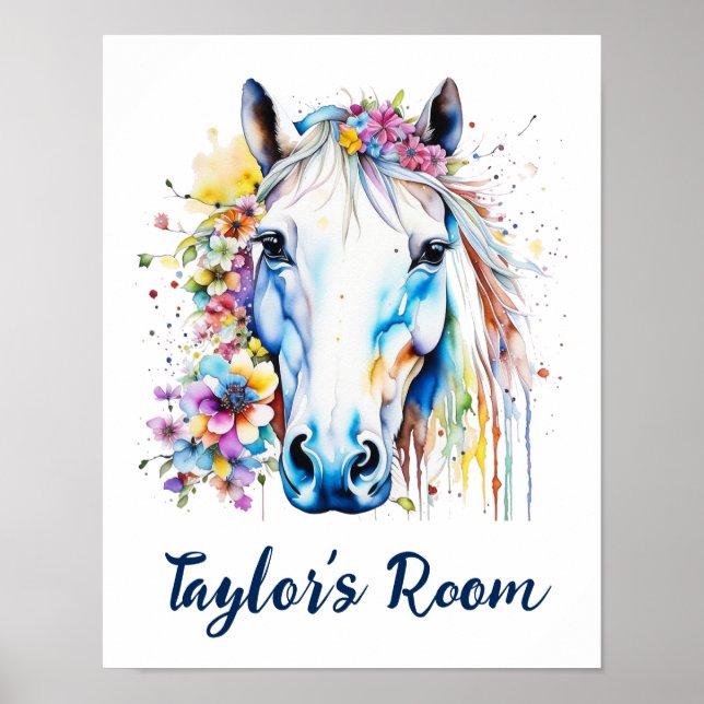 Póster Caballo Blanco Bonito Floral Personalizado  (Frente)