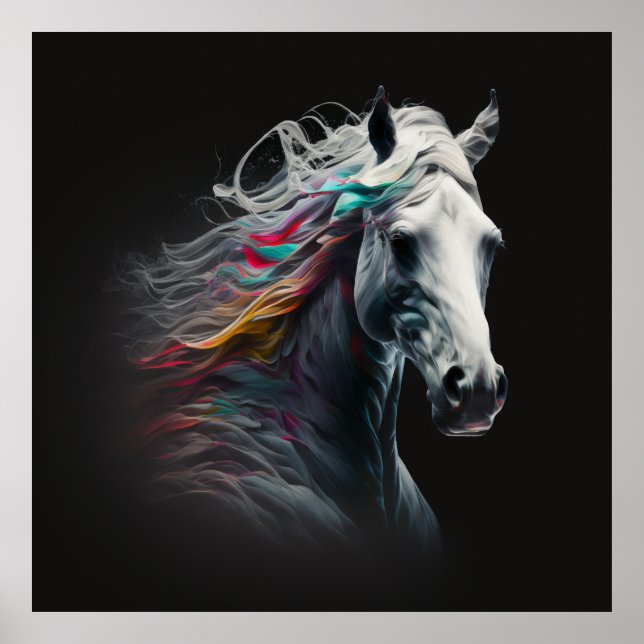 Póster Caballo blanco, colores abstractos, pared de impre (Frente)