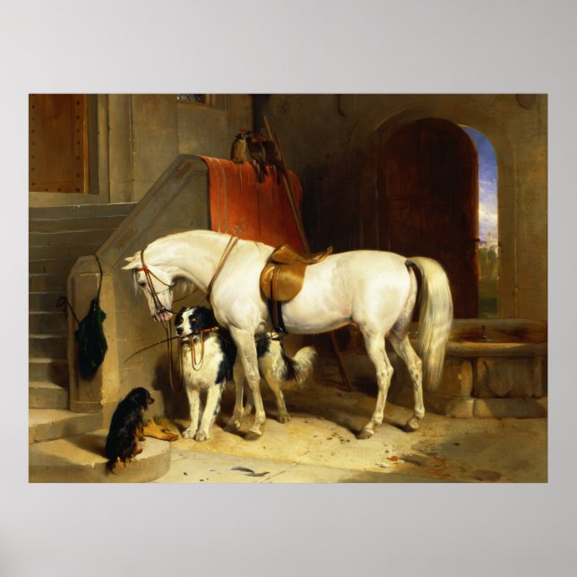 PÓSTER CABALLO BLANCO CON PERROS Y FALCONS EN ESTABLE (Frente)