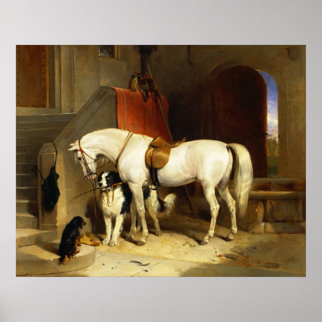 PÓSTER CABALLO BLANCO CON PERROS Y HALCONES EN CUADRA  (Frente)