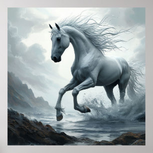 Póster Caballo Blanco Corriendo a Través del Agua