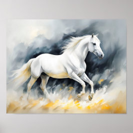 Póster Caballo blanco corriendo en arena, fondo oscuro