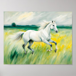 Póster Caballo blanco corriendo por el prado