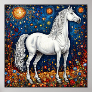 Póster 🌙 Caballo blanco de cuento de hadas bajo el cielo