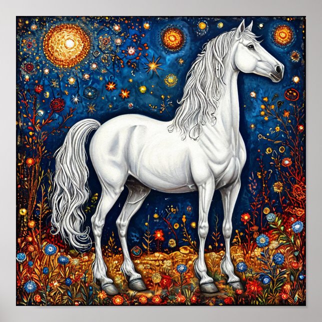 Póster 🌙 Caballo blanco de cuento de hadas bajo el cielo (Frente)