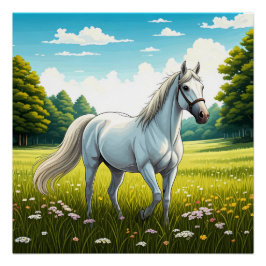 Póster Caballo blanco de pie en un campo de hierba