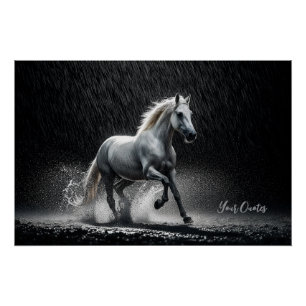 Póster Caballo Blanco Dramático Galopando en la Lluvia