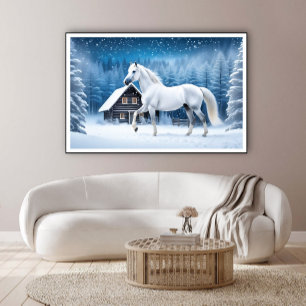 Póster Caballo blanco en bosque invernal