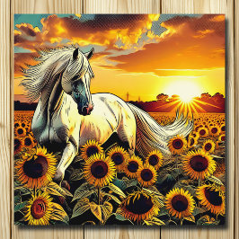 Póster Caballo blanco en campo de girasoles al atardecer