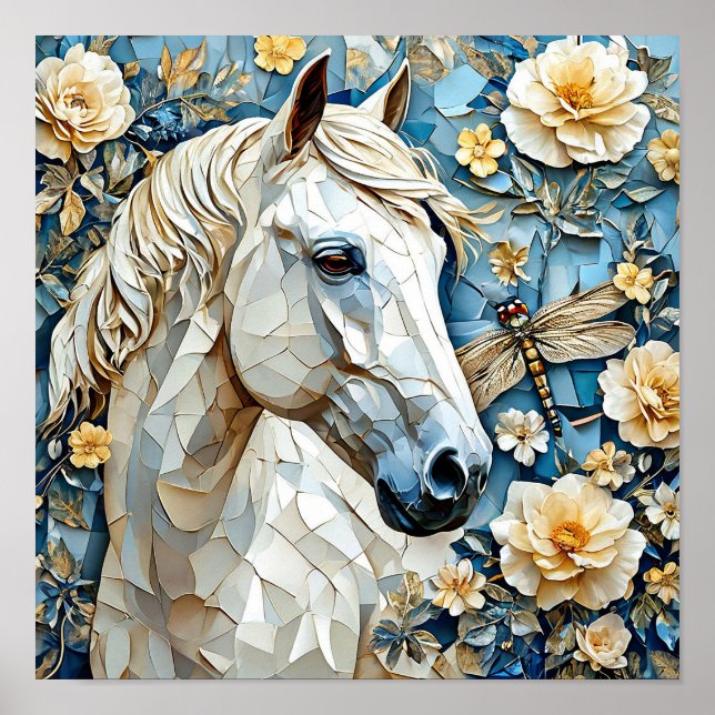 Póster Caballo blanco en floridas flores elegante natural (Frente)
