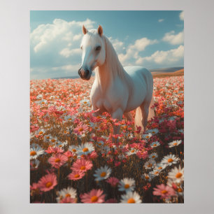 Póster Caballo blanco en prado florecido