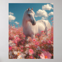 Caballo Blanco en un Campo de Flores
