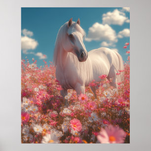Póster Caballo Blanco en un Campo de Flores