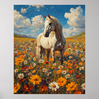 Póster Caballo Blanco en una Sinfonía de Flores Silvestre